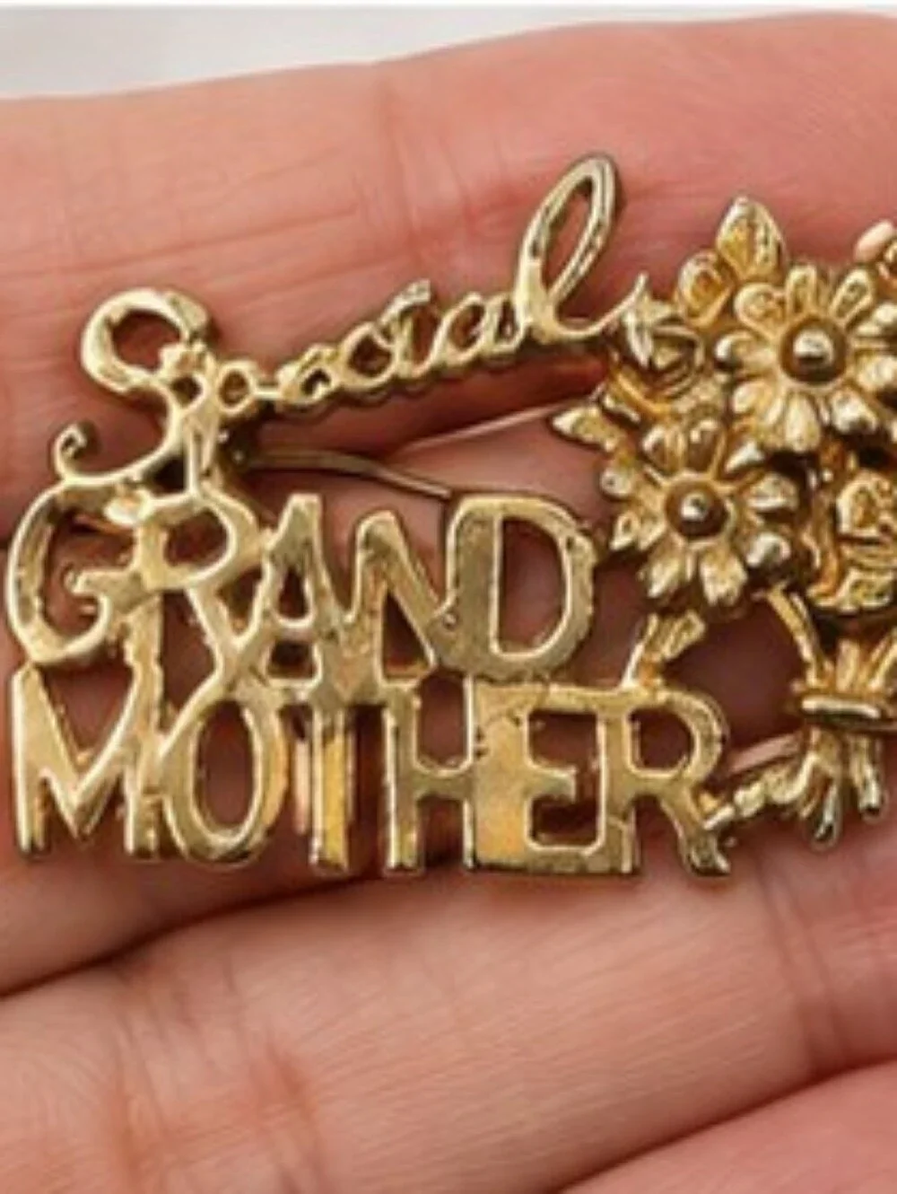 JJ Jonette Vintage Special Grandmother Floral Brooch Gold Tone Signed JJ
